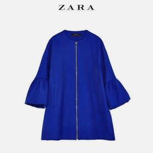 Zara NWT Luxury Classic Elegant Minimalist Electric Blue Coat Ruffled Sleeves